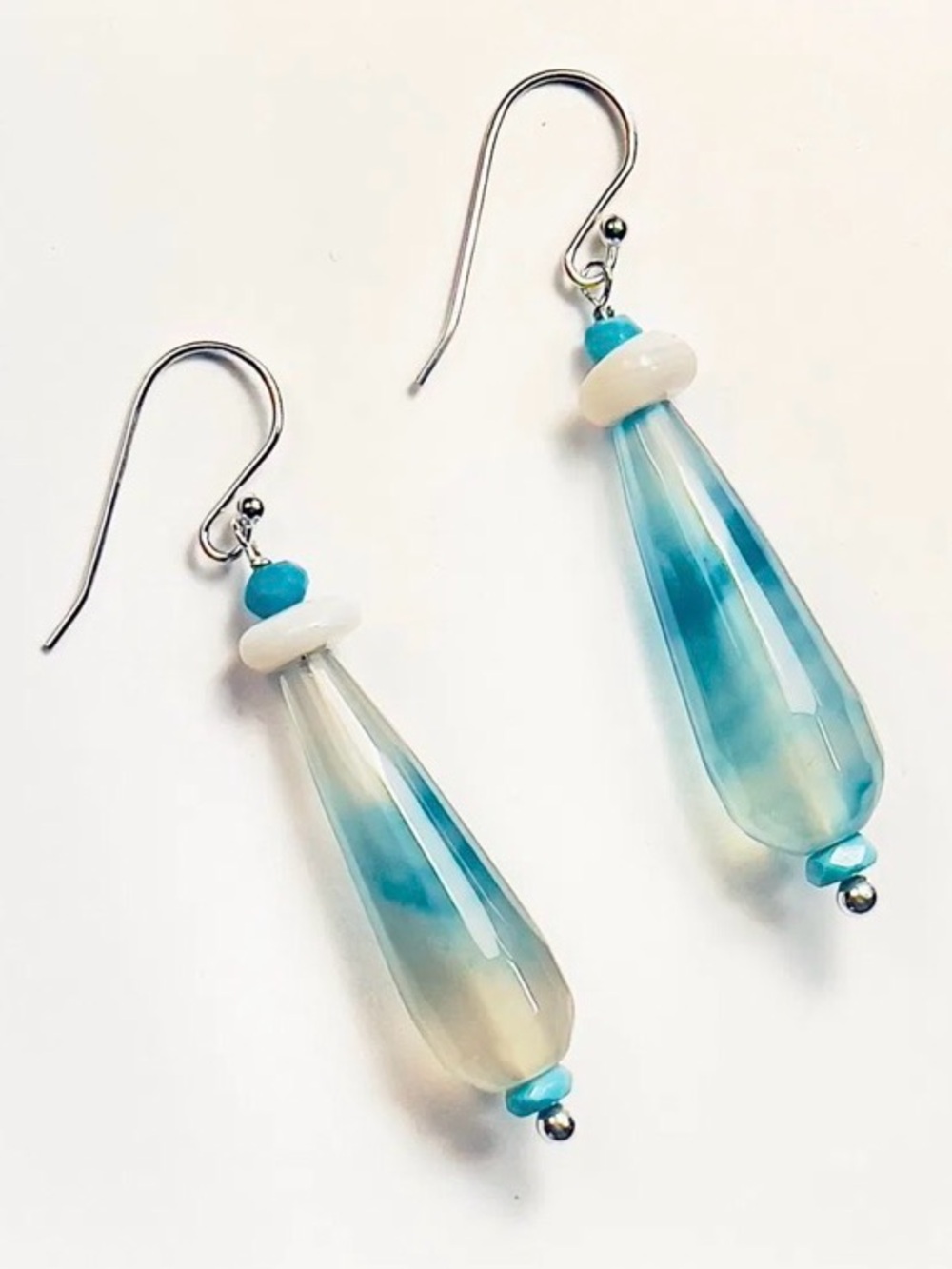 Blue Swirl Earrings | Sterling Silver Wire, Dyed Agate, Turquoise, Pearl | $36